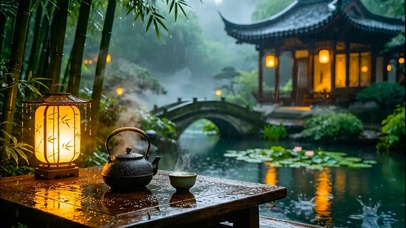国风园林雨景