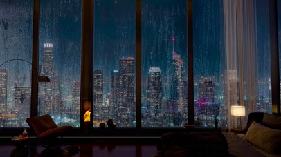 都市夜晚房间窗户雨