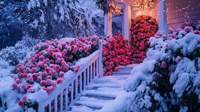唯美的雪中玫瑰小屋