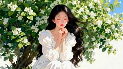 鲜花绿叶下女孩
