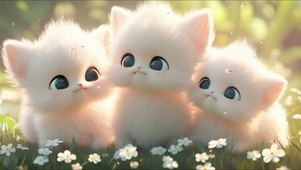 三只小猫和花丛