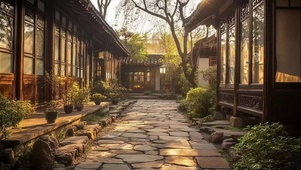 古朴院落黄昏唯美光影