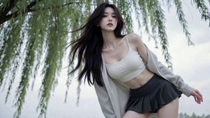 柳树下清纯气质美女