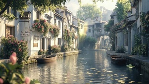 徽派建筑水乡河道风景