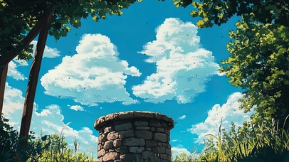 蓝天白云郊外古井风景