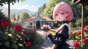 手捧玫瑰的美少女