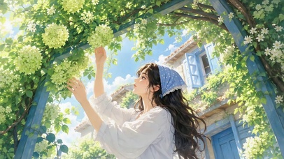 晴日花架下的治愈少女