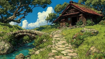 白云树木房屋景色