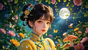 梦幻月夜花丛少女