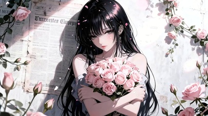 手捧鲜花长发女孩