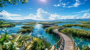 澄澈蓝湖湿地栈道风景