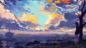湖岸树旁少女