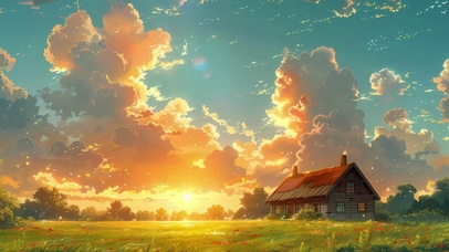 房子鲜花天空白云夕阳
