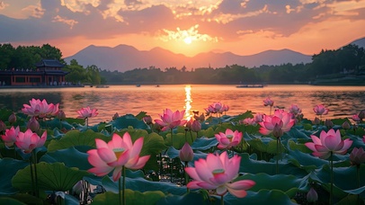 傍晚湖泊荷塘荷花