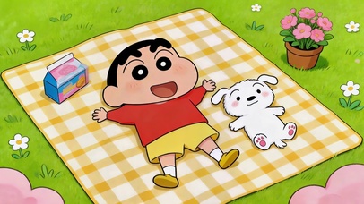 春日野餐垫上的小新与小白