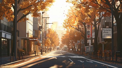 秋日清晨静谧城市街道