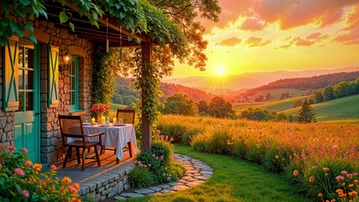 夕阳下唯美小屋