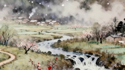 雪景古风树木河流景色带鱼屏双屏