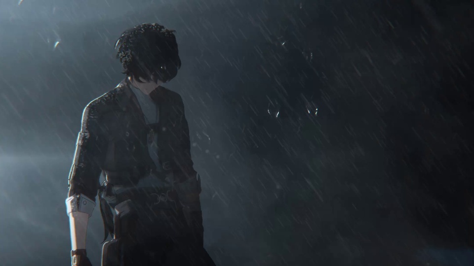 暗调雨幕中，黑衣短发人物垂首站立，左侧柔光打在身上，右侧是深色朦胧背景。