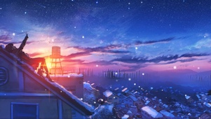 晚霞屋顶房松少女
