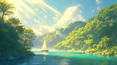 清新阳光山谷溪流帆船