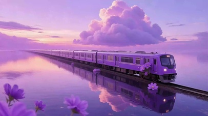 天空之镜 紫色晚霞 花海 电车