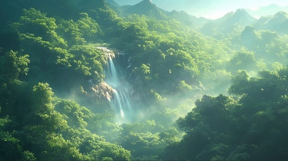 清新绿色迷雾高山瀑布