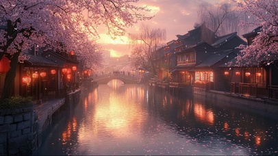 春日粉樱落花河道古城