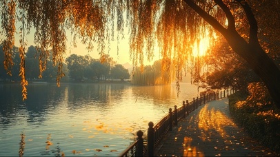 漫步秋日黄昏静谧公园