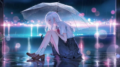 雨夜撑伞的银发美少女