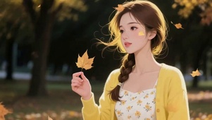 秋叶飘落少女插画