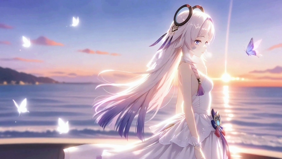 白紫渐变长发的少女身着白色礼服立于日落海滨，数只发光蝴蝶环绕身侧，海面映着落日金色光带。