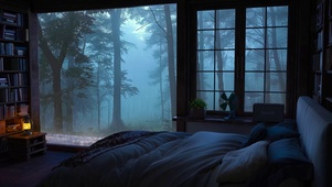 雨天树林木屋