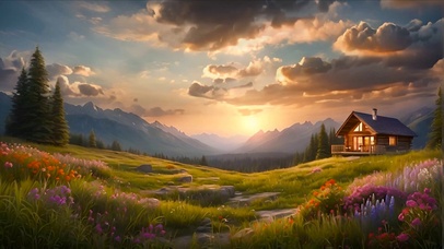 夕阳下的山顶小屋