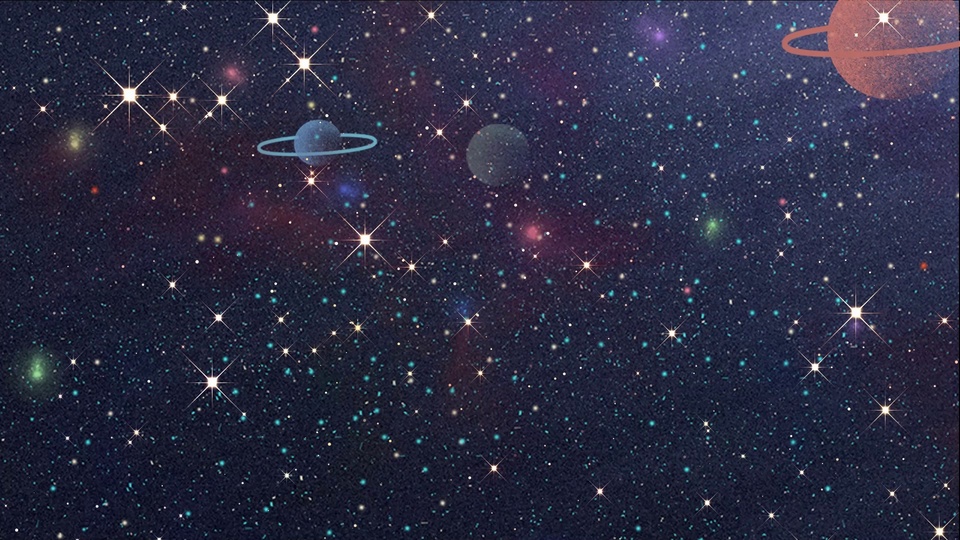 藏青深空布满星芒亮星，点缀带环行星与淡彩星云纹理