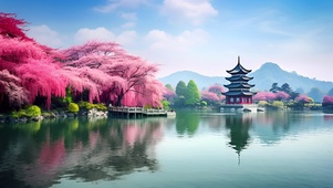湖泊古亭美景