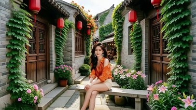 古巷石凳上惬意赏花的美女