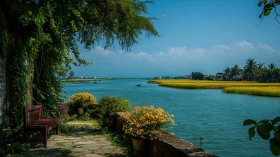 护眼树木河流房屋绿景