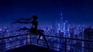 夜色天台眺望都市的美少女