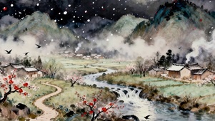 雪景古风树木河流景色