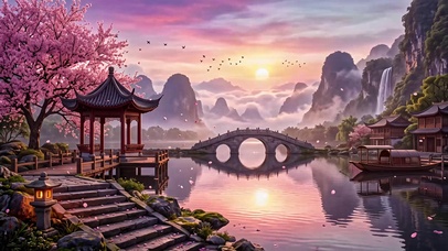 晴春桃溪落日渔舟