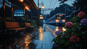 雨中的列车站台