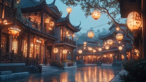 古镇蓝调黄昏静谧建筑