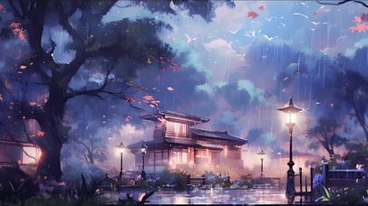 雨中的庭阁楼台