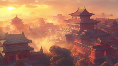 俯瞰宏伟朦胧古城建筑