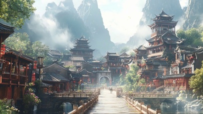宏伟山林古城清晨风景