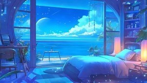 星空树木海景房屋