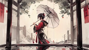 雨天客栈中撑伞古风美少女水墨风