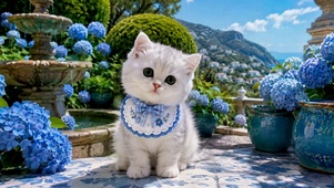 蓝色绣球花园可爱小奶猫
