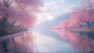 清新晨雾樱花河流